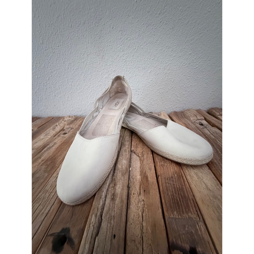 UGG Jass Espadrille Flat 9 White Leather Slip On Strappy Heel 1011187
